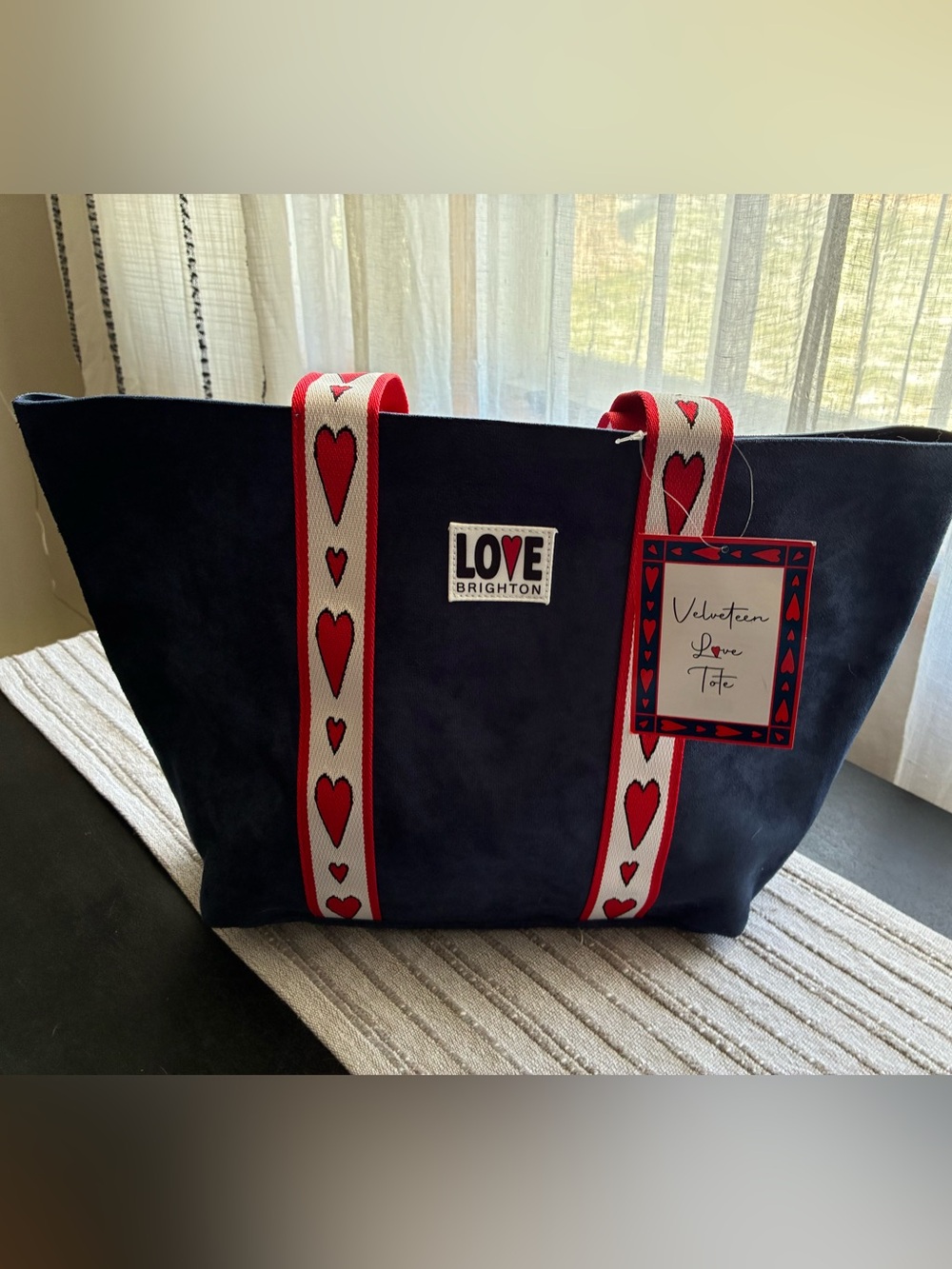 Brighton Navy Tote with Red Heart-Strap Accents
